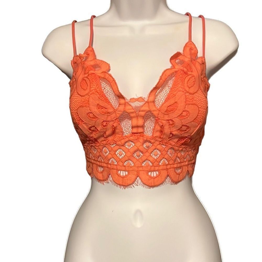 Zenana Women's Scallop Hem Strappy Perforated Laced Mesh Orange Crop Top 1X NWT